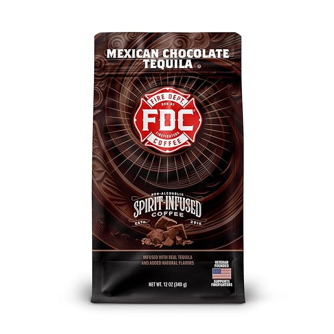 Fire Department Coffee - Gives Back to Firefighters - Mexican Chocolate Tequila Infused Ground Coffee - Medium Roast - Non-Alcoholic - Roasted in the USA - Veteran Owned - 12 oz