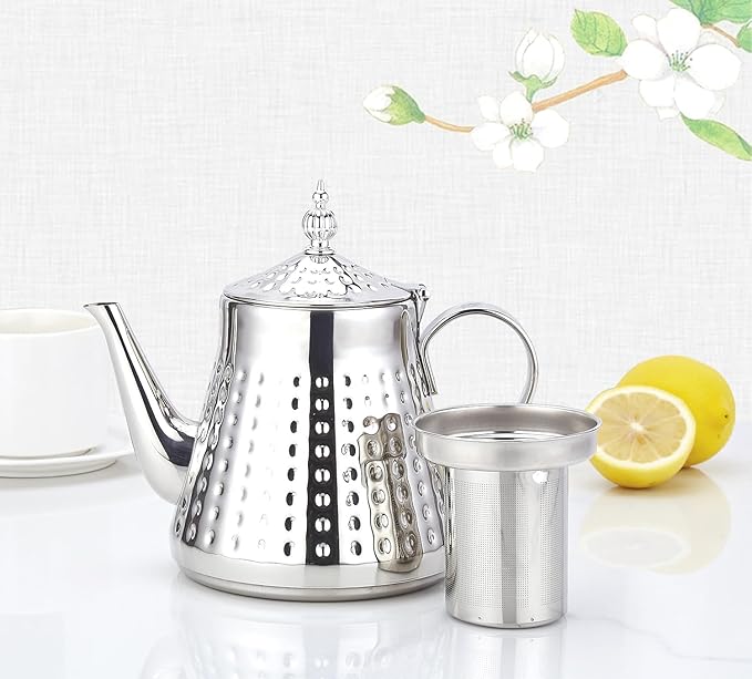 SANQIAHOME 1.2L(40oz) Stainless Steel Hammer Patterned Teapot With Removeable Infuser,Loose leaf cover,Silver
