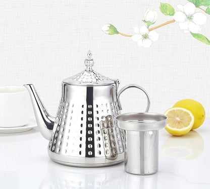 SANQIAHOME 1.2L(40oz) Stainless Steel Hammer Patterned Teapot With Removeable Infuser,Loose leaf cover,Silver