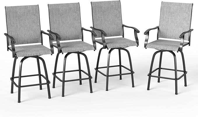 PHI VILLA Outdoor Swivel Patio Bar Stools Set of 4, 30 Inch Bar Height Tall Patio Chairs with Back & Armrest, Durable Textilene Fabric in Grey for Deck Lawn Garden