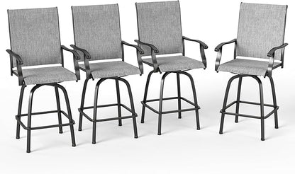 PHI VILLA Outdoor Swivel Patio Bar Stools Set of 4, 30 Inch Bar Height Tall Patio Chairs with Back & Armrest, Durable Textilene Fabric in Grey for Deck Lawn Garden