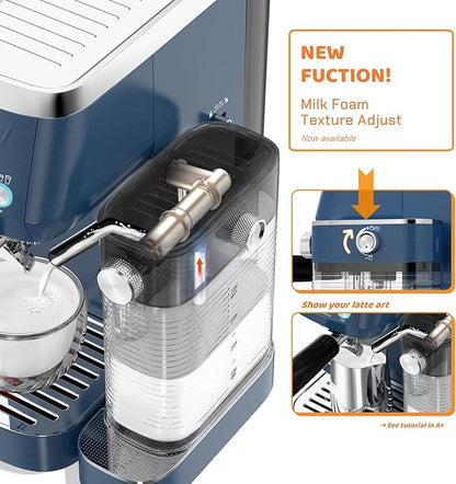 Cappuccino Machine 20 Bar, Professional Espresso Machines for Home and Office with Automatic Milk Frothering System, Barista Compact Latte Maker for Coffee Lovers, Stainless Steel-Blue
