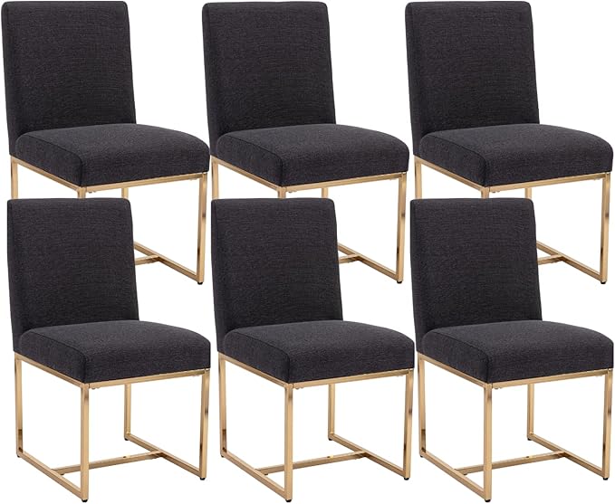 CIMOTA Black Modern Dining Chairs Set of 6, Upholstered Dining Room Chairs Armless Guest Side Chair with Gold Base for Dining Room/Kitchen, Charcoal Black, 6PCS