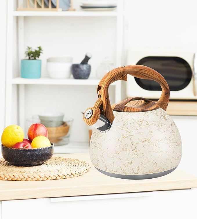 3.2 Quart Whistling Tea Kettle Stovetop, Stainless Steel Tea pot with Wood Grain Handle, Loud Whistle Kettle for Boiling Water, Coffee & Milk, Easy-Pour Spout Classic Design (Off-white)
