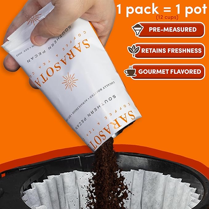 Coffee Packets – Southern Texas Butter Pecan Flavored Medium Roast | Low Acid Mold Free Ground Fractional Packs for 12 Cup Brewers | 2 oz Single-Pot Bags, 12 Count – Sarasota