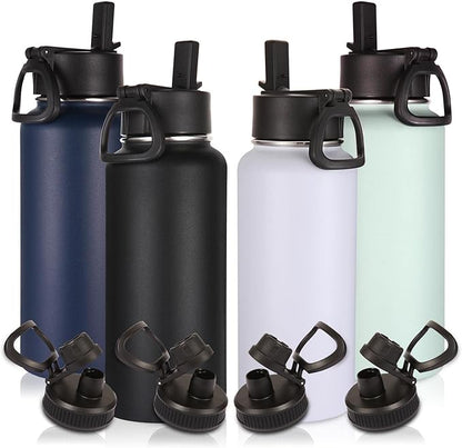Volhoply 32 oz Insulated Water Bottles Bulk 4 Pack with Straw Lid & Spout Lid,Stainless Steel Sports Water Bottle,Double Wall Vacuum Cups,Leakproof Wide Mouth Metal Flask for Hiking,Camping(Mix,4)