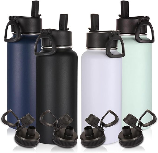 Volhoply 32 oz Insulated Water Bottles Bulk 4 Pack with Straw Lid & Spout Lid,Stainless Steel Sports Water Bottle,Double Wall Vacuum Cups,Leakproof Wide Mouth Metal Flask for Hiking,Camping(Mix,4)