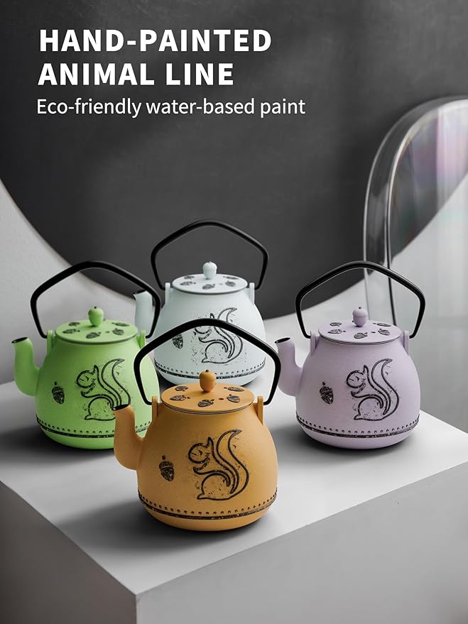 Toptier Teapot with Removable Infuser, Cast Iron Tea Kettle Stovetop Safe, Squirrel Design Tea Pot Coated with Enameled Interior for 32 Ounce (950 ml), Purple