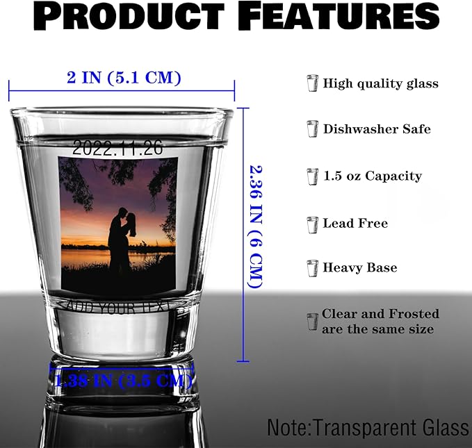 Personalized Shot Glasses Clear with Your Photo Text, Custom Frosted Shot Glasses 1.5oz Bar Accessories Gifts for Tequila, Vodka, or Whiskey Lovers Birthday Christmas Wedding Gifts