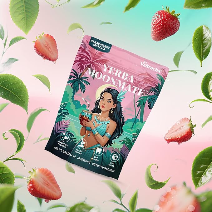 Yerba Mate Instant Tea Powder, 4-in-1 Functional Yerba Extract with Prebiotics & Probiotics, Low Sugar Clean Energy Drink for Focus, Gut Health & Reduce Brain Fog, Strawberry Matcha - 30 Servings