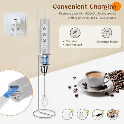 Milk Frother Handheld Rechargeable with Stand, Frother Wand Drink Mixer Electric Whisk for Coffee, Detachable With 3 Stainless Whisks, Hand Mixer for Lattes, Cappuccino, Matcha, Egg, Silver
