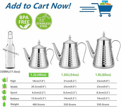 SANQIAHOME 1.2L(40oz) Stainless Steel Hammer Patterned Teapot With Removeable Infuser,Loose leaf cover,Silver