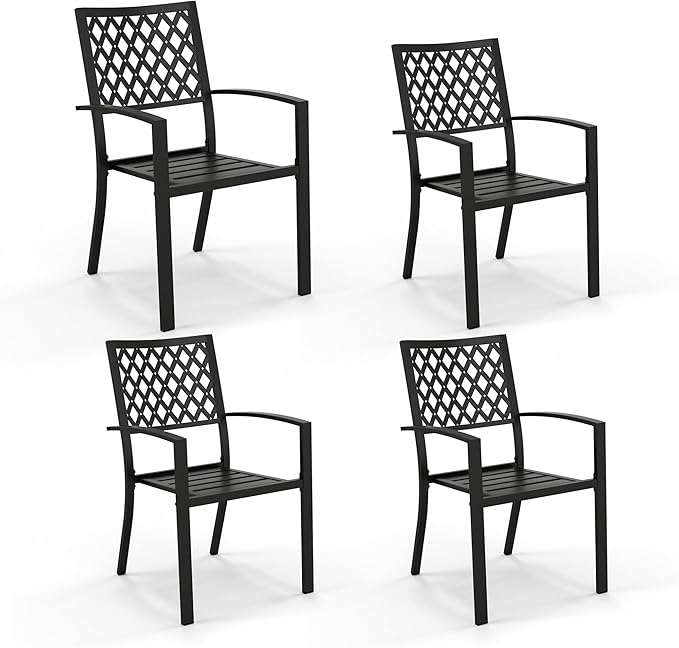PHI VILLA Wrought Iron Patio Dining Chairs, Stackable Black Outdoor Patio Chairs Set of 4, Metal Patio Chairs, Support 300 LBS, Black