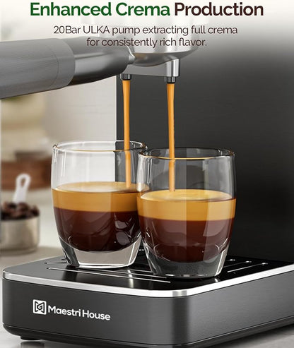 Maestri House Espresso Machine, 20 Bar ULKA Pump, Compact Espresso Maker Built-in Flow Meter Steam Milk Frother, Stainless Steel Coffee Machine for Cappuccino, Latte (Black)