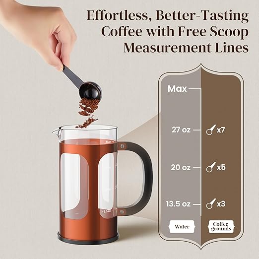 Veken French Press Coffee Maker 34oz 1 L, Heat Resistant Thickened Borosilicate Glass, No Plastic Touching Cafe, Stainless Steel Brewer, Cold Brew Cafetera Teapot for Kitchen Travel Camping, Copper