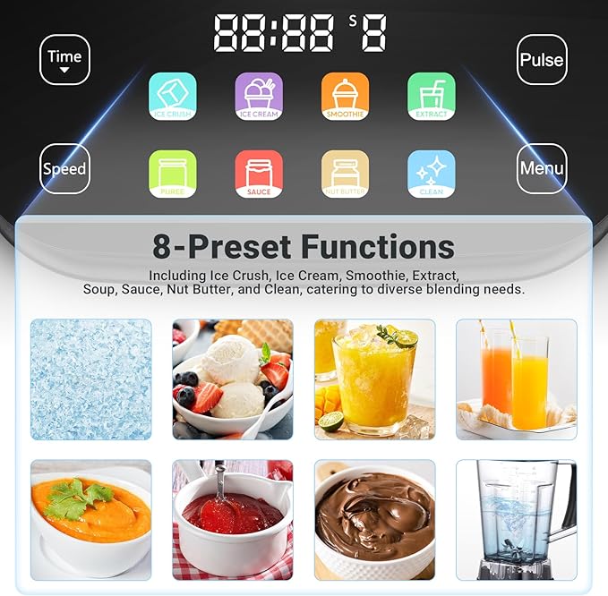 AMZCHEF 8-IN-1 Professional Blender, 2000 W Commercial Blenders for Kitchen with Timer, Innovative LED Touch Panel with 8 Preset Programs, 10 Speeds Blender for Shakes and Smoothies, 68 oz, Black