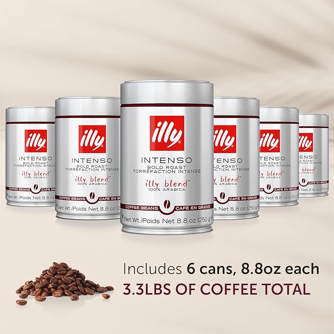 Illy Whole Bean Coffee, Intenso Bold Roast - Bold & Flavorful - 100% Arabica - Whole Beans - Pressurized Packaging Sealed for Freshness - 8.8oz can (Pack of 6)