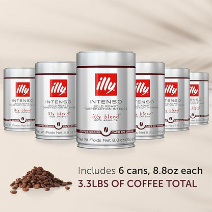 Illy Whole Bean Coffee, Intenso Bold Roast - Bold & Flavorful - 100% Arabica - Whole Beans - Pressurized Packaging Sealed for Freshness - 8.8oz can (Pack of 6)