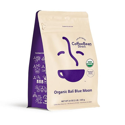 Coffee Bean Direct Organic Bali Blue Moon, Whole Bean Coffee, Light Roast, 1 Pound Bag (Pack of 1)
