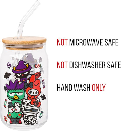 Silver Buffalo Sanrio Hello Kitty & Friends Halloween Spooky Badtz-Maru Frankenstein, Chococat Witch, My Melody Ghost, Keroppi Vampire, Mummy Glass Jar Tumbler w Bamboo Lid and Glass Straw, 16oz