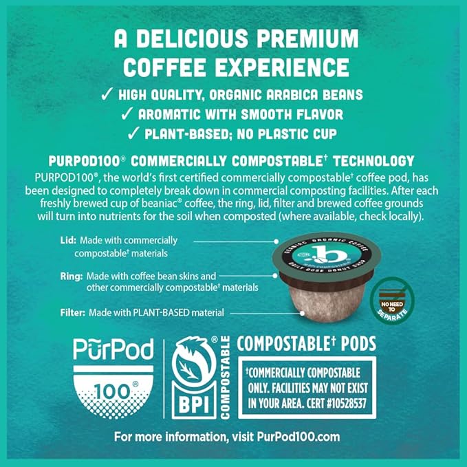 beaniac Organic Daily Dose Donut Shop, Light Roast, Single Serve Compostable K Cup Coffee Pods, Organic Arabica Coffee, Keurig Brewer Compatible, 30 Count