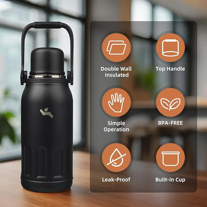 Insulated Water Bottle with Handle and Strap,Vacuum Travel Tumbler with Cup Lid,Thermo Coffee Cup for Hot Cold Drinks 40 OZ,Black