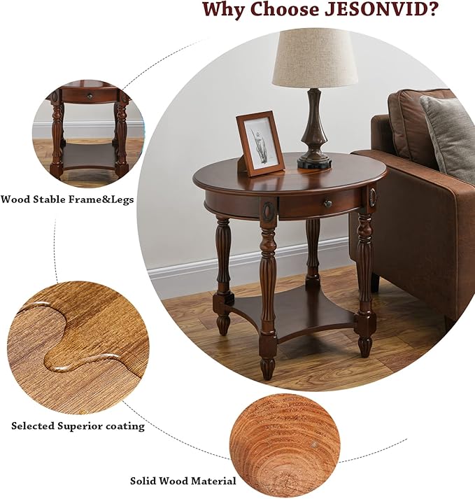 Solid Wood Oval End Table with Drawer and Storage Shelf, Traditional Vintage Side Table Polished Edging Bedside Nightstand for Living Room Bedroom Home, Cherry Walnut