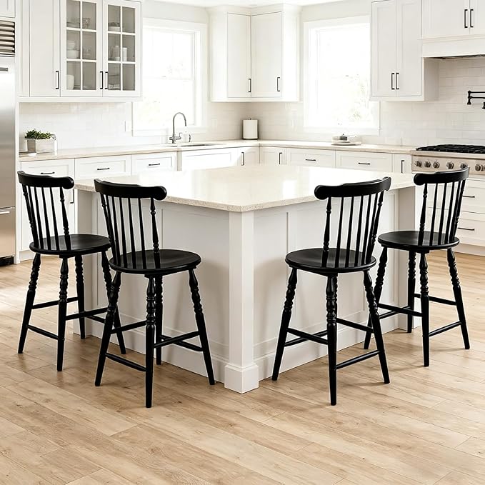 chairus 24" Black Windsor Counter Height Bar Stools Set of 3, Farmhouse Wooden Counter Stools with Spindle Back & Turned Legs, Rustic Vintage Colonial Bar Chairs for Kitchen Island