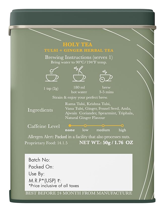 Luxmi Estates - Holy Basil - Organic Tulsi Tea - Loose Leaf - 50g (25 Cups) | With Tulsi and Ginger | Provides Immune Support, Stress Relief and Uplifts Mood