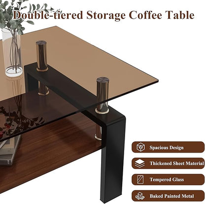 39" Brown Glass Coffee Table Walnut Modern Living Room Center Table Rectangle, with Wooden MDF Storage Layer, Black Metal Leg, for Small Apartment and Office, Brown