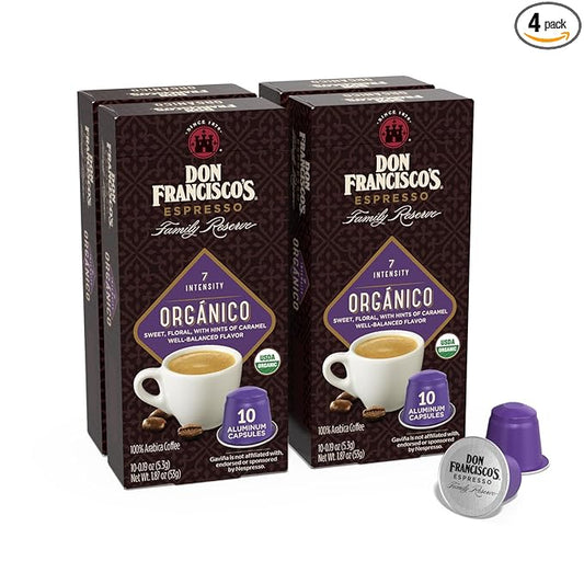 Don Francisco's Organico Espresso Pods: 40 Dark Roast Aluminum Capsules, Intensity 7, Compatible with Nespresso Original Line Machines - Bold Cuban-Style coffee with Caramel Notes