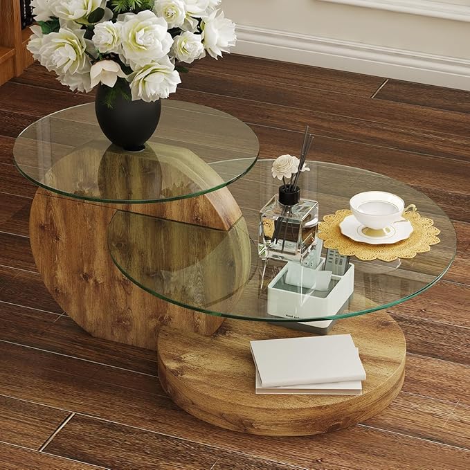 35 Inch Glass Coffee Table，Round Coffee Table with 2-Tier Tempered Glass Tabletop，Easy to Clean Circle Coffee Table with Sturdy Base for Living Room，Office （Brown Colored Base）