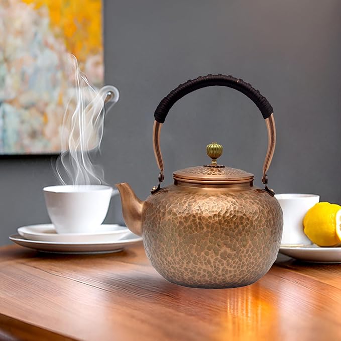 50.7oz Elegant Chinese Style Copper Tea Kettle For Stovetop, Non-Coating Pure Copper Teapot with Stainless Steel Infuser For Loose Tea, Large and Solid Tea Pot(1500ml)