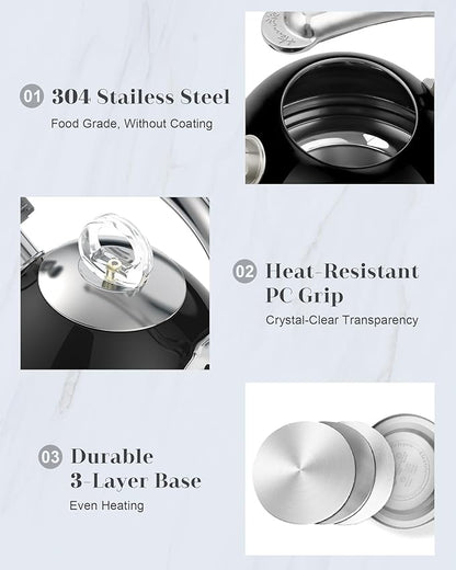 Harriet Tea Kettle Stovetop, 2.5 QT Whistling Stainless Steel Teapot, 3-Layer Base, Unique Ergonomic Handle, Includes Pot Holder & Mat, Electric/Induction/Gas Stovetops Applicable, Black