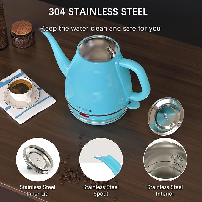 Electric Gooseneck Kettle, 1L 1500W Fast Boil, 100% Stainless Steel BPA Free Pour-Over Coffee & Tea Kettle, Water Boiler with Auto Shut & Boil-Dry Protection, Turquoise