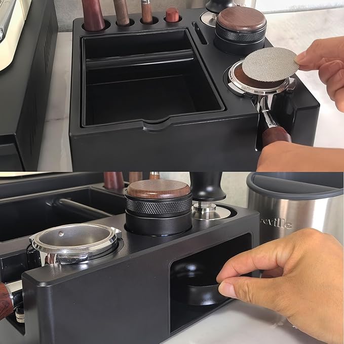 Espresso tamping station knock box,tamper station,Espresso station fit for storage 51-58mm tamper,distributor,portafilter,puck screen accessories,9 in 1 espresso knock box and tamper station