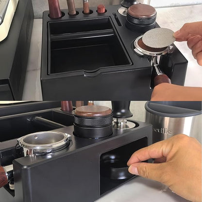 Espresso tamping station knock box,tamper station,Espresso station fit for storage 51-58mm tamper,distributor,portafilter,puck screen accessories,9 in 1 espresso knock box and tamper station