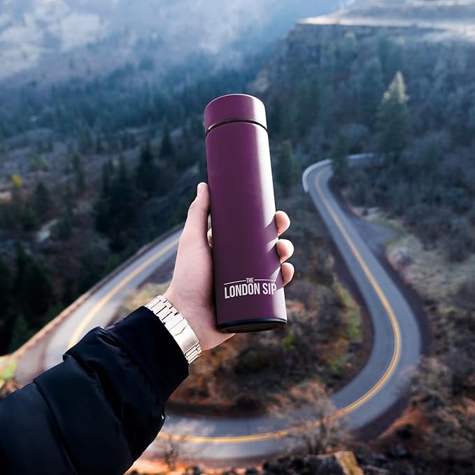 London Sip Multi-Purpose Travel Mug and Tumbler Fruit Infused Flask Hot and Cold Double Wall Stainless Steel Thermos with Extra-Long Infuser, Purple
