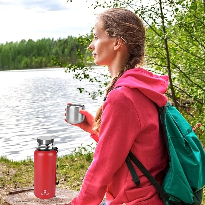 Insulated vacuum Thermo Bottle 500ml/16.9oz with cup Stainless steel coffee bottles for hot and cold drink water flask.(Red,500ml)