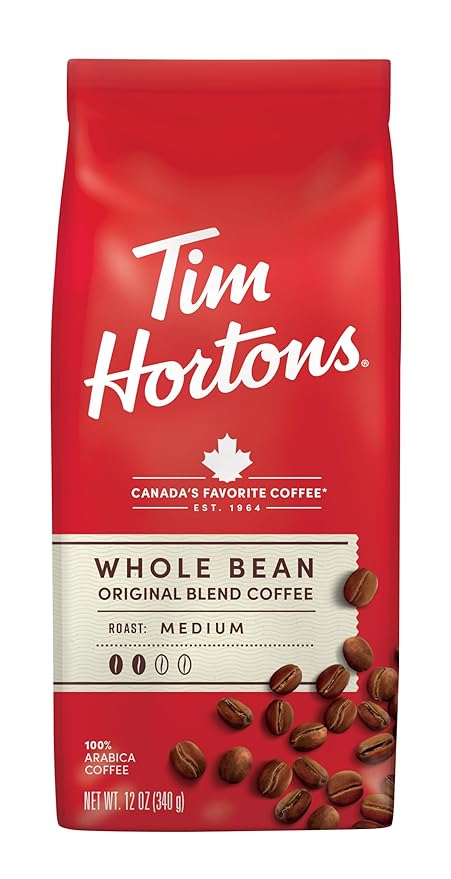 Tim Hortons Whole Bean Original, Medium Roast Coffee, Made with 100% Arabica Beans, 12 Ounce Bag