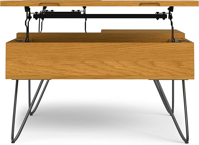 SIMPLIHOME Hunter Lift Top Coffee Table - 32 inch Wide Oak Veneer and Metal Industrial Square Lift Top Cocktail Table in Oak, Living Room Table with Dual Lift Tops, Hidden Storage and Hairpin Legs