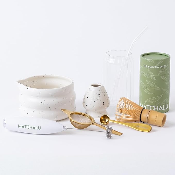 Premium 9 Piece Matcha Set With Ceramic Matcha Bowl, Bamboo Whisk & Holder, Stainless Steel Spoon & Sifter, Glass Cup & Straw, Electric Frother, Storage Bag - Gift for Matcha Lovers (White)