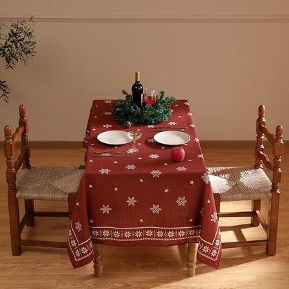 Designer Christmas Red Extra Long Rectangle Tablecloth,Linen Table Cloth with Snowflakes Pattern,Wrinkle Resistant Decor Tablecloths for Dining Kitchen Thanksgiving,63"*110"-Carol C