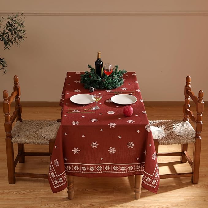 Designer Christmas Red Table Cloth for Rectangle Table,Linen Tablecloth with Snowflakes Pattern,Wrinkle Resistant Decor Tablecloths for Dining Kitchen Thanksgiving,55"*79"-Carol C
