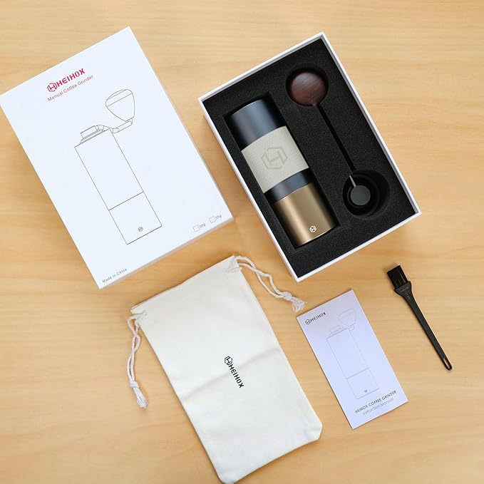 Manual Coffee Grinder - HEIHOX Hand with Adjustable Conical Stainless Steel Burr Mill, Capacity 30g Portable Mill Faster Grinding Efficiency Espresso to Coarse for Office, Home, Camping