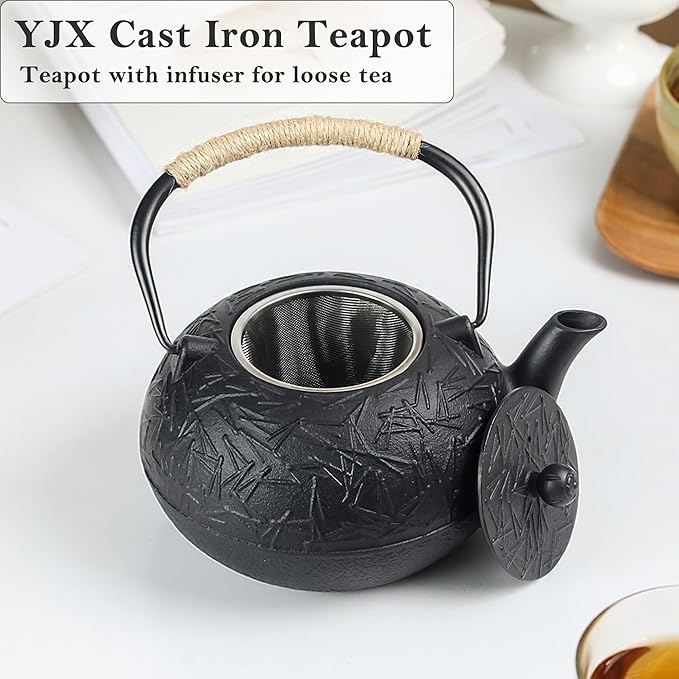 60.9oz YJX Cast Iron Teapot, Japanese Tetsubin Tea Kettle for Stovetop Safe, Cast Iron Tea Pot with Infuser for Loose Leaf, Black Kettle Teapot, Good Gift For Tea Lovers(1800ml)