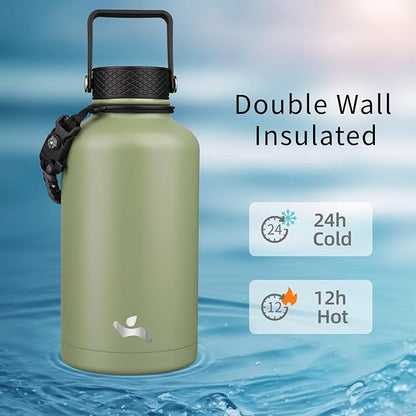 Half Gallon Insulated Water Bottle with Straw,64 oz 3 Lids Water Jug with Carrying Bag,Paracord Handle, Double Wall Vacuum Stainless Steel Metal Flask,Camp Green