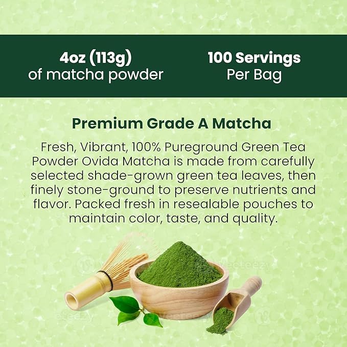 Ovida Premium Organic Matcha Green Tea Powder – Antioxidant Superfood, Authentic Matcha Powder for Lattes, Smoothie & Shakes, Energy & Focus, 100% Pure, Unsweetened, Vegan, Gluten-Free, 4oz (113g)