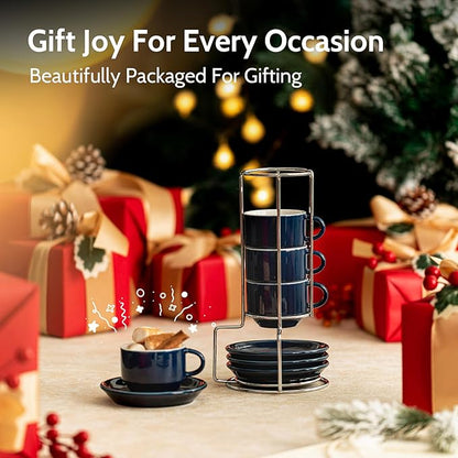 Sweese 4 Ounce Porcelain Stackable Espresso Cups with Saucers and Metal Stand Set of 4, Navy