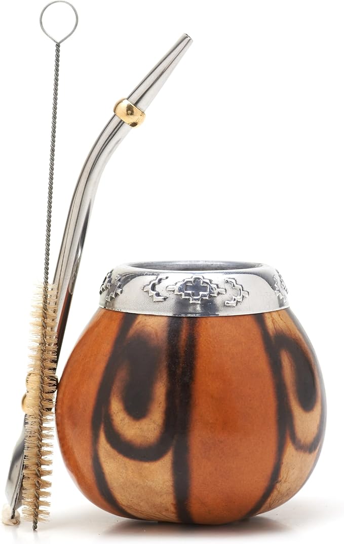BALIBETOV Yerba Mate Gourd Set (Original Natural Handmade Yerba Mate Cup Argentina) - Includes Mate Tea Cup, Bombilla (Mate Straw) and Clean Brush - Classic Mate Cup and Bombilla Set (NATURAL 02)